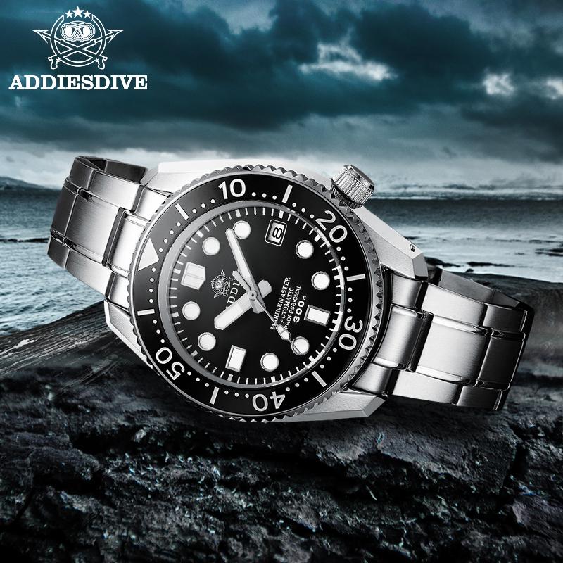 

Wristwatches ADDIES Men's 316L Steel Mechanical Watch SBDX001 BGW9 Blue Super Bright Automatic Ceramic Bezel Sapphire 300M Diving, Silicone strap