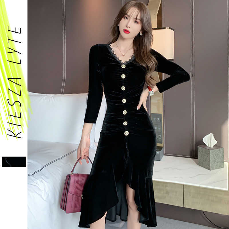 

Women Velvet Dress Black Single Breasted Buttocks Fishtail Dresses Elegant Ladies Party Wear Spring Clothing 210608
