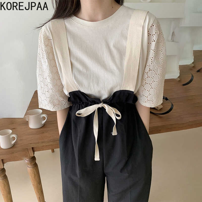 

Korejpaa Women Sets Korea Chic Summer Retro Round Neck Hollow Bubble Sleeve Shirt+high Waist Strap Bib Suits Female 210526, Apricot top