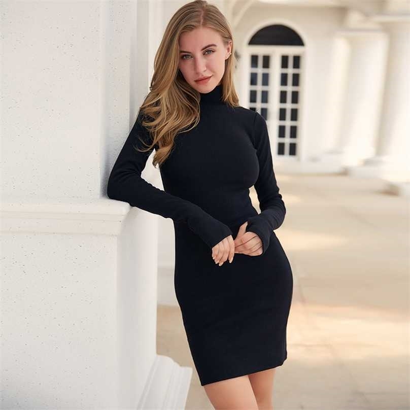 

Knitted Turtleneck Sweater Dres Winter Bodycon Mini Long Sleeve Casual Warm Short Sexy Club Wear Black Red 211109, Gray