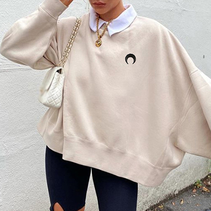 

Oversize Moon Embroidery Pullover Sweatshirt Woman Drop-shoulder O-neck Loose For Girls Spring Winter Streetwear Casual 210518, Khaki