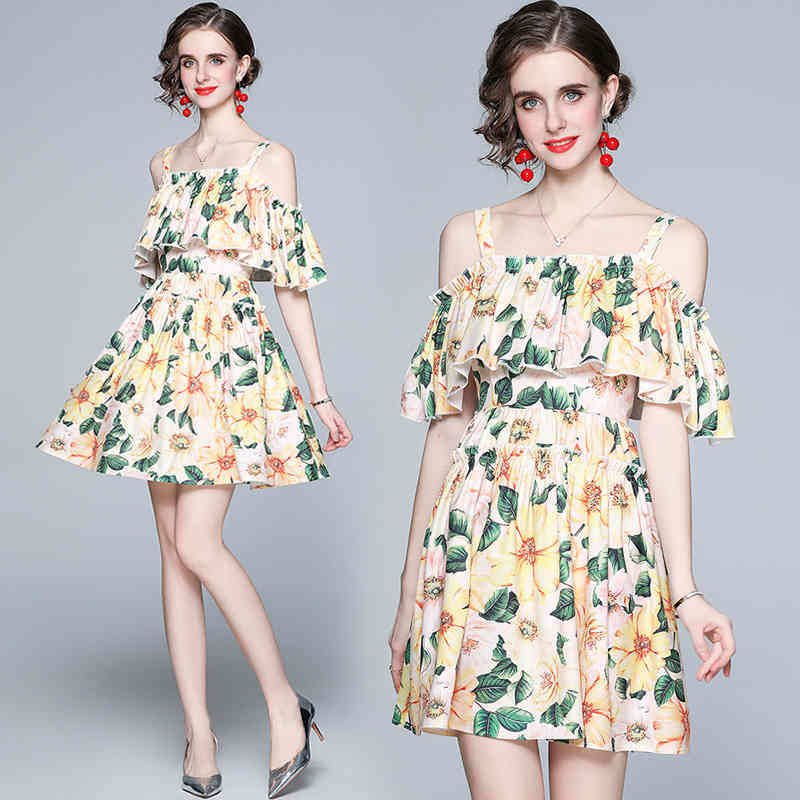 

Holiday style spring and summer wooden ears sexy one-shoulder strap off-shoulder dress small children' printed skirt 210525, Yellow