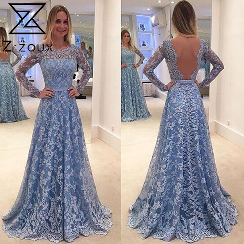 

Women Dress Blue Lace Maxi es Backless High Waist Big Swing Party es Flower Sexy Plus Size Autumn  210524