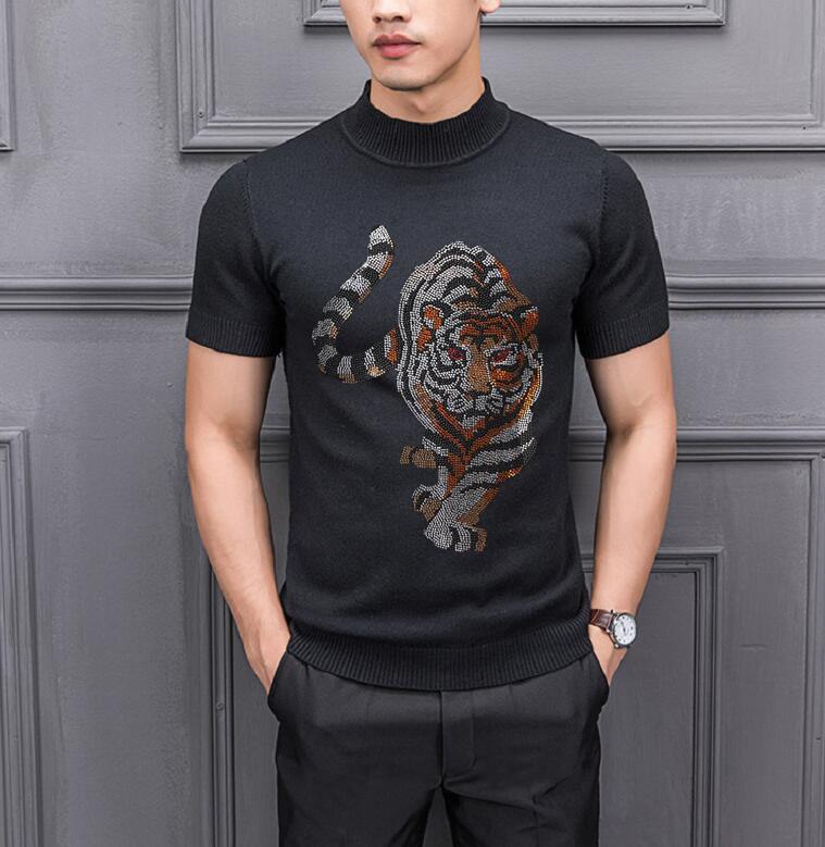 

New Men's drill print Short Sleeves Top Men Solid Color Sweater Pullover T Shirt Slim Knitted Sweaters - White/Black