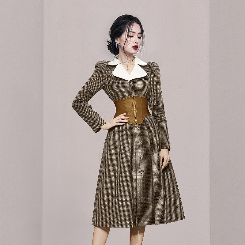 

Women's Trench Coats Women Fashion Designer Houndstooth Long Coat Vintage Woolen Single-Breasted Puff Sleeve Casual Winter A-Line Outerwear, Tan;black