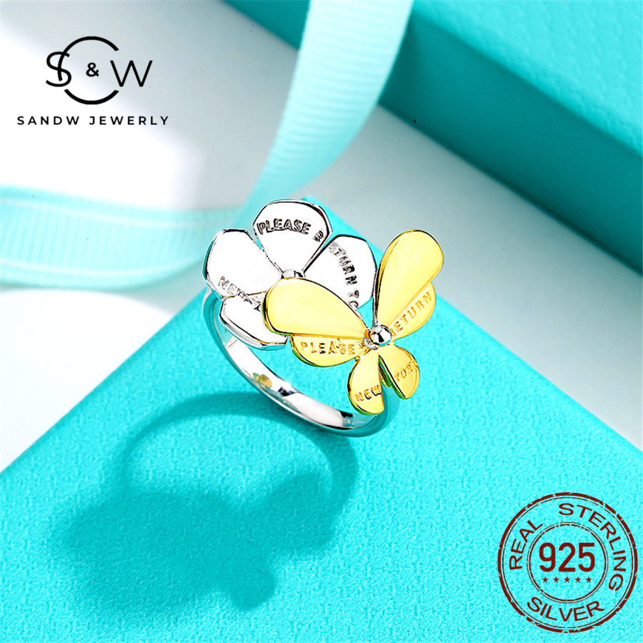 

SANDW S925 sterling silver jewelry flower butterfly rings women's charm romantic golden original classic for girlfriend holiday gifts