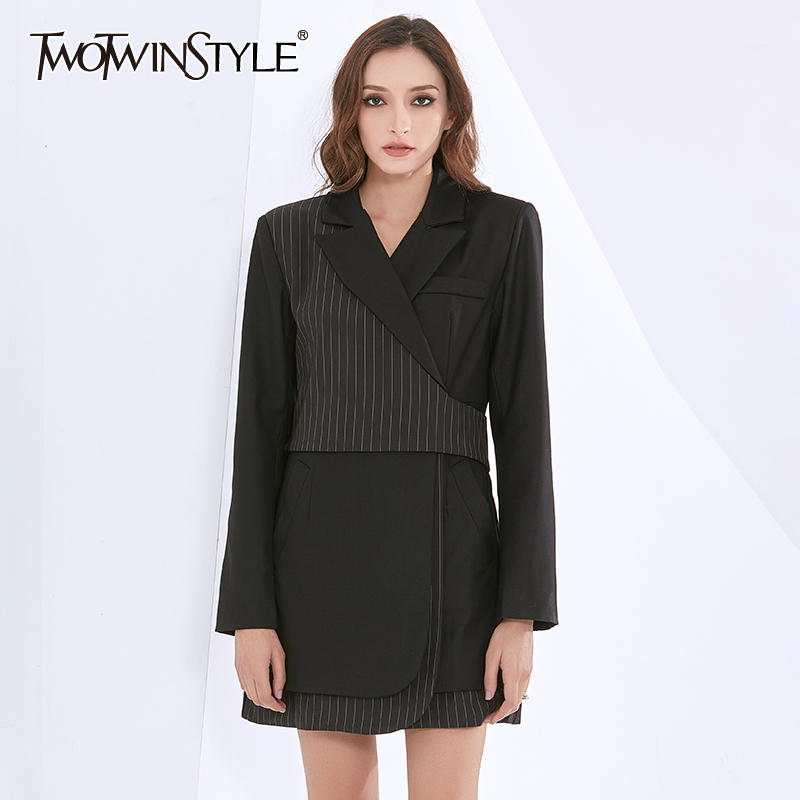 

Casual Patchwork Striped Blazer For Women Notched Long Sleeve Black Blazers Female Fashion Clothing 210524