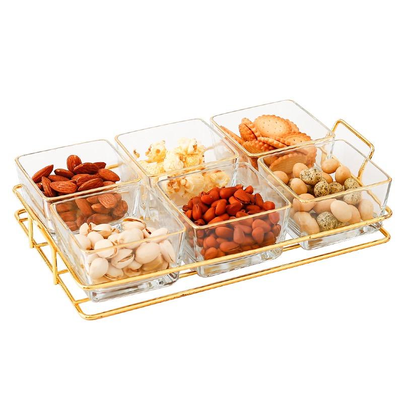 

Dishes & Plates Small Phnom Penh Grid Snack Tray Candy Dessert Nuts Plate Glass Dry Fruits Home Desktop Metal Frame Serving