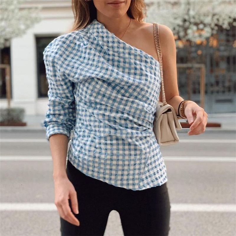 

Women' Knits & Tees Spring Summer Chic Lady Fashion Skew Collar Blue Plaid Long Blouse Women Stylish Single Sleeve Slim Pleated