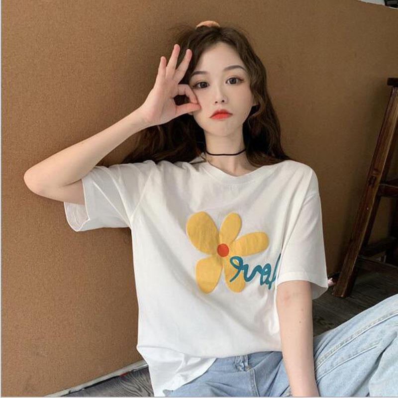 

Women's T-Shirt Flower Print T-shirts Women Spring Summer Short Sleeve O Neck Tops Tees Casual Slim Tshirt, White
