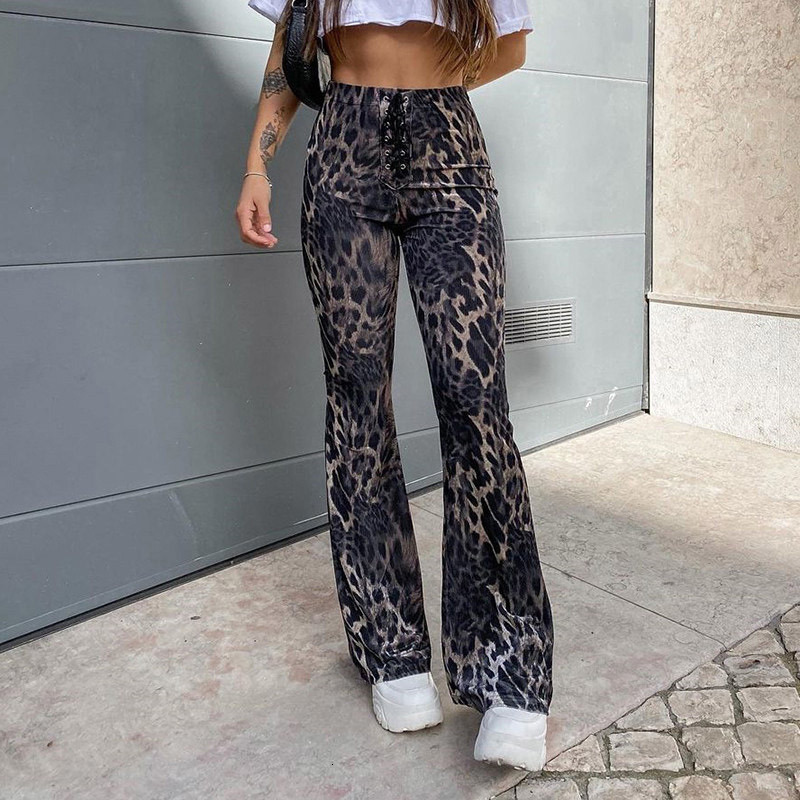 

Women's Tracksuits Leopard Print Pants Lace Up High Waist Vintage Female ny Flare Trouser Spring Streetwear Ladies Bottoms 7530, Gray