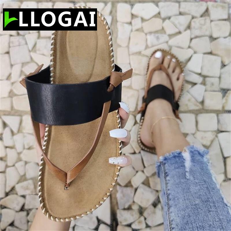 

Women Sandals Retro Beach Flip Flops Outdoor Flat Slides Lady Summer Casual Shoes Handmade Sewing Comfortable Slippers, Black