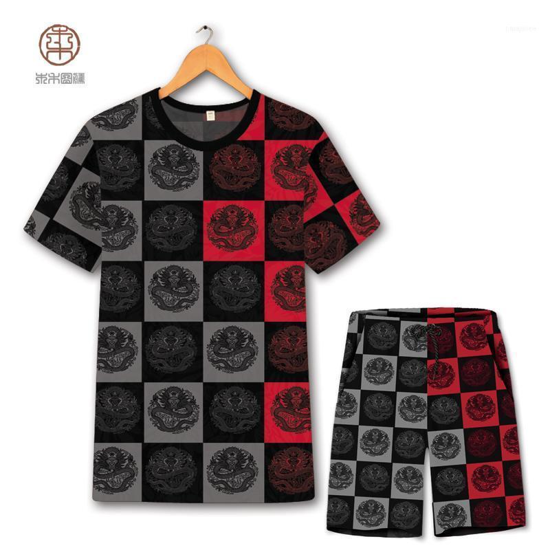 

Men's Tracksuits Chinese Style Dragon Totem Printing Fashion Oversized T Shirt&shorts Suits Summer 2021 Hollow Breathable Quality Mens Short, Gray
