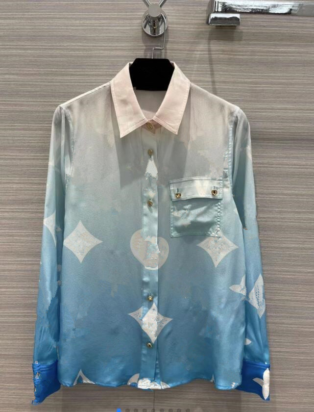 

Gradient color blue printed silk shirt all-match temperament girl 425, White