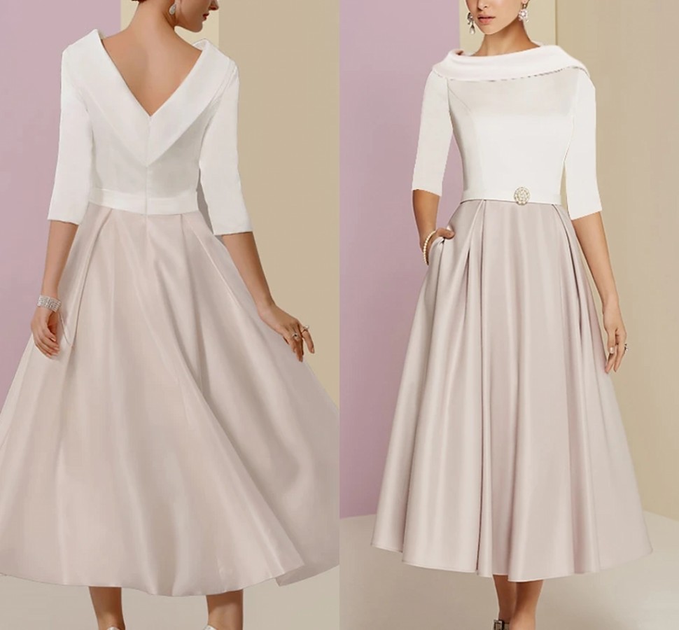 

White And Champagne A-Line Mother of the Bride Dress Plus Size Elegant Vintage V Back Tea Length Satin 2022 Wedding Party Gown Vestidos Robe De Soiree
