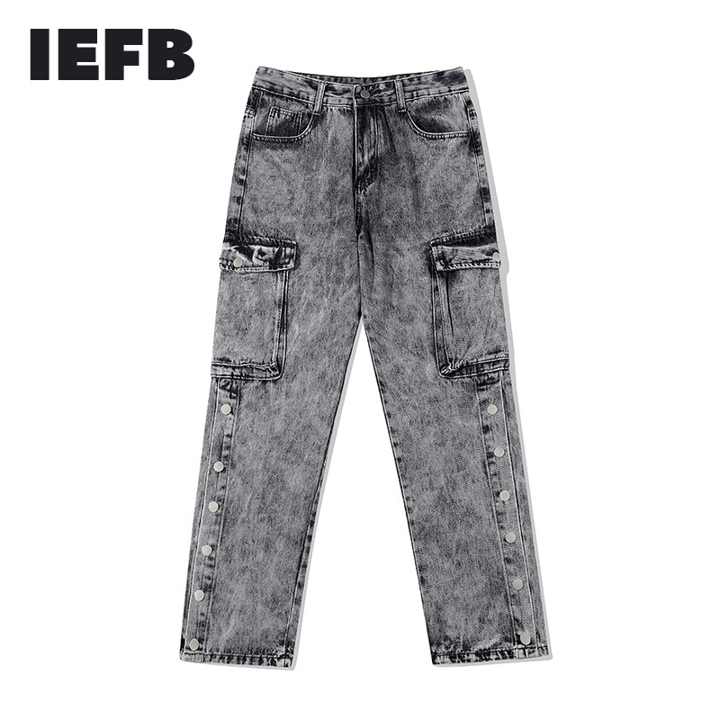

IEFB Streetwaer Multi Pocket Black Jeans Men' Hip Hop Fashion Leg Split Loose Straight Denim Pants VintageTrend Casual 9Y7474 210524