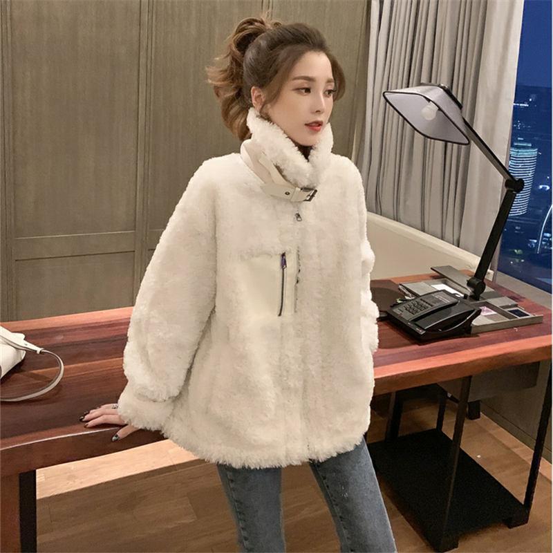 

Women's Fur & Faux Women Winter Casual Thick Warm Outwear Female Long Sleeve Lamb Jacket Solid Stand-up Collar Loose Coat E199, Black