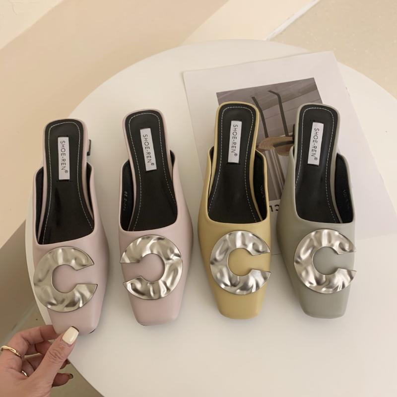 

Female Shoes Low Slippers Soft Rivet Slides Cover Toe Fashion 2021 Comfort Flat Luxury Metal Decoration Rubber Basic Scandals PU, Black