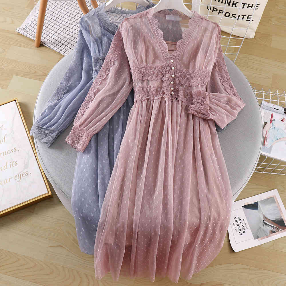 

net yarn long dress gentle fairy super sweet red two-piece suspender V-neck 210525, Beige