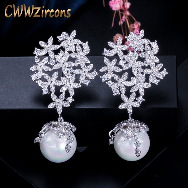 

CWWZircons High Quality Cubic Zirconia Long Dangle Drop 925 Sterling Silver Pearl Earrings Jewelry for Women Wedding Party CZ372 210317