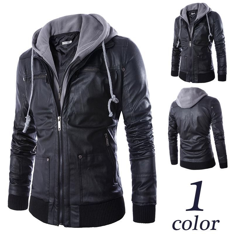 

Men's Fur & Faux Leather Jacket Hooded Fake Two-piece Motorcycle Trend Hip-hop Style Casual, Black