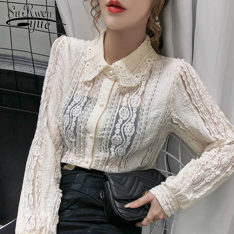 

Cotton Women Tops Blouse Long Sleeve Sexy Hollow Lace Shirt Autumn Women Blouse Beading Thin Office Lady Clothing 10457 210527, Apricot