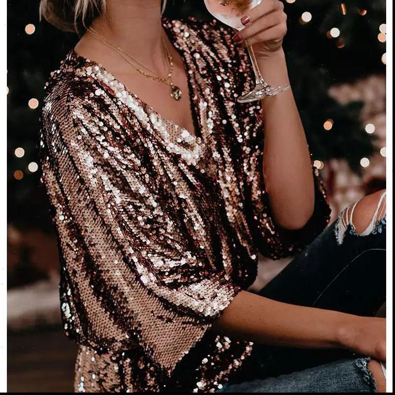 

Womens Blouses Fashion Women Clubwear Casual Shirts Glitter Sequin Tunic Elegant Tops V Neck Long Sleeve Shirt Blouse, White