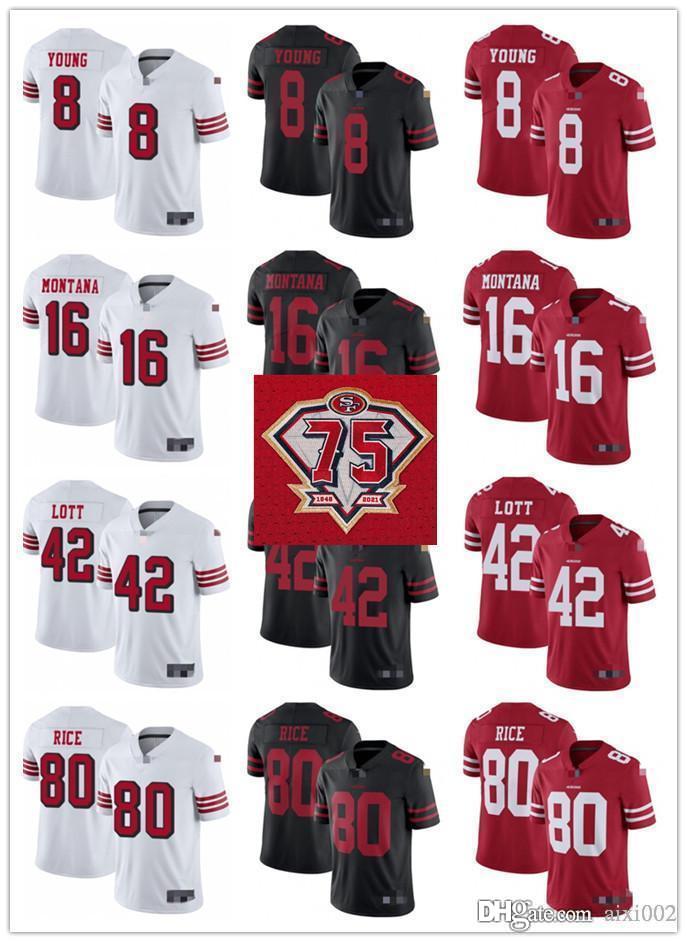 

75th Men Women Youth 8 Steve Young Red 16 Joe Montana Black 42 Ronnie Lott White 80 Jerry Rice Football Jersey, Black;red
