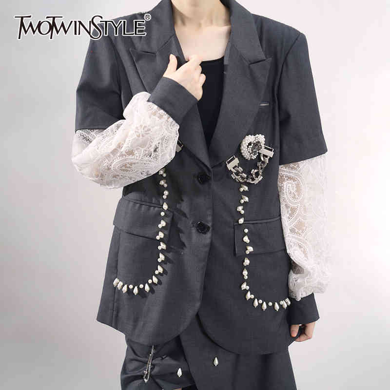 

Grey Patchwork Lace Chain Korean Blazer For Women Notched Long Sleeve Straight Casual Blazers Female Spring Fashion 210524, Gray