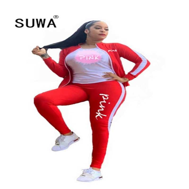 

Women Pink Clothing Set With Winter Autumn Long Sleeve Coat Top + High Waist Joggers Pants Trousers 2 Pieces Lounge Wear 210525, Red
