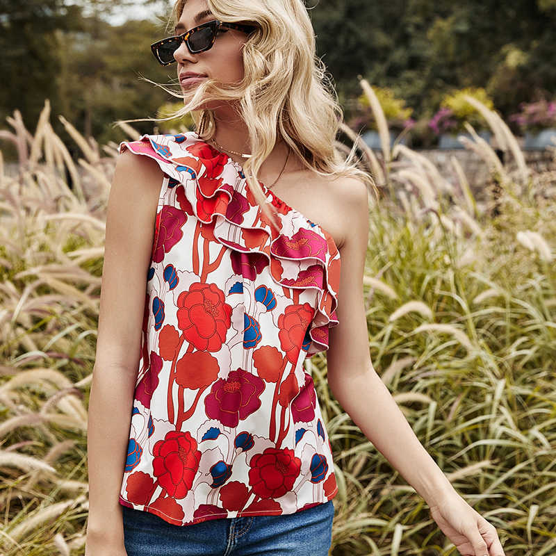 

Summer Women Sexy Print Floral Ruffles Sleeveless T-shirt Backless Slanted Shoulder Slash Neck Tops Ladies T Shirt 210608, Red