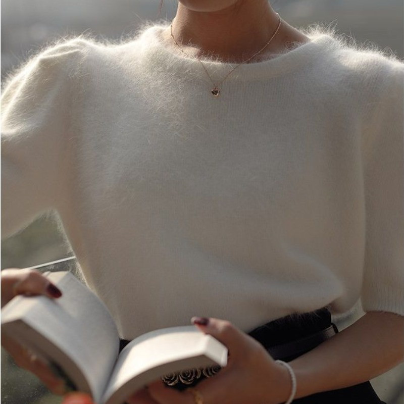 

Women's Sweaters Female sweater short sleeve round collar, female white knit light orange casual spring 4MC0, 1# shoe box