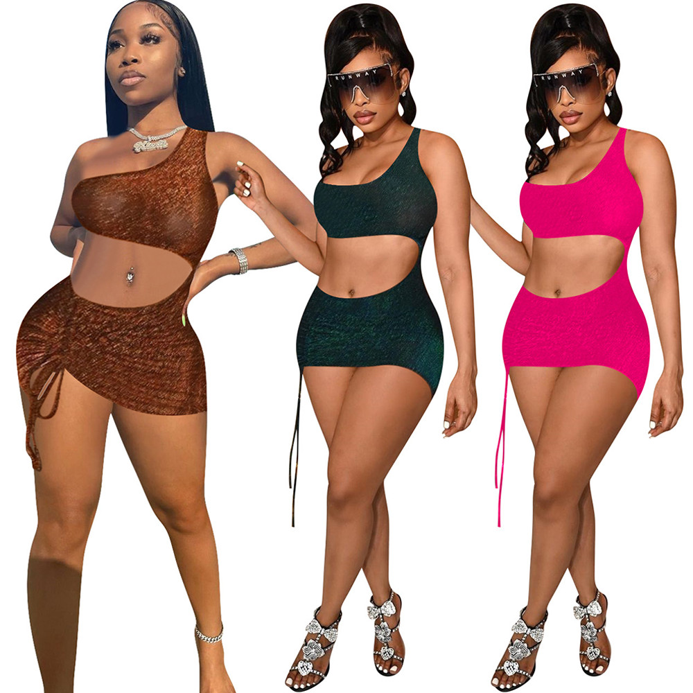 

Inclined Shoulder Summer Bandage Short Dress for Women Waist Band Cut Out Party Club Dress Streetwear Ruched Drawstring Dress, Brown