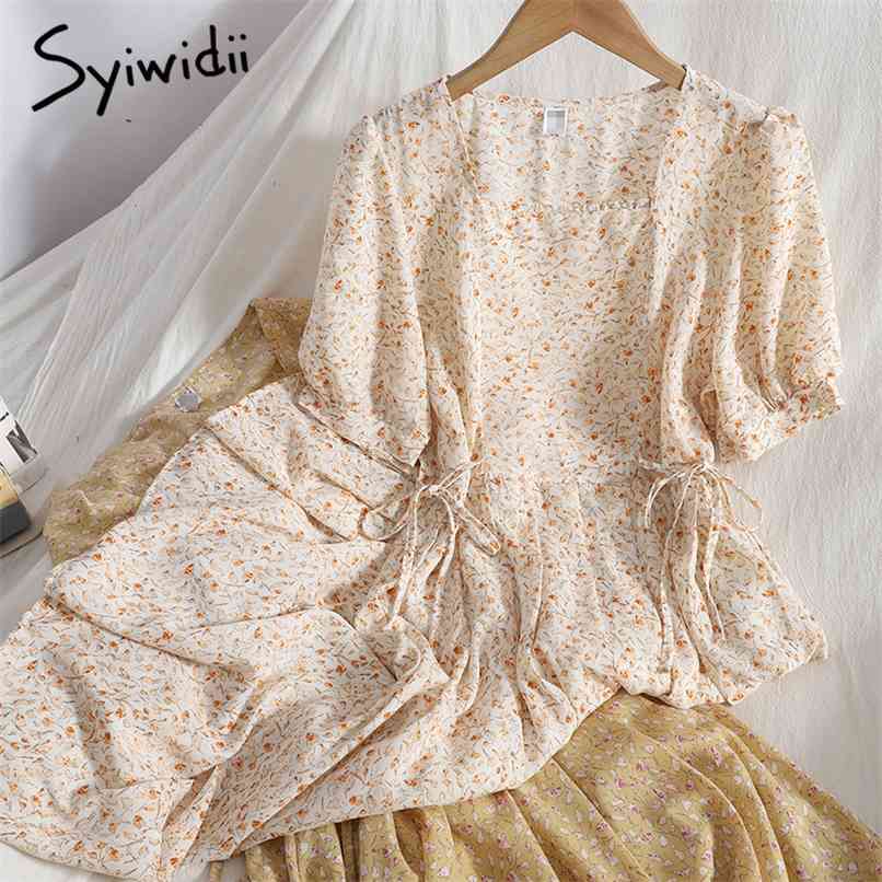 

Boho Floral Print Dresses Women Lace Up Waist Puff Sleeve Square Collar A-line Clothing Summer Yellow Sundress 210607