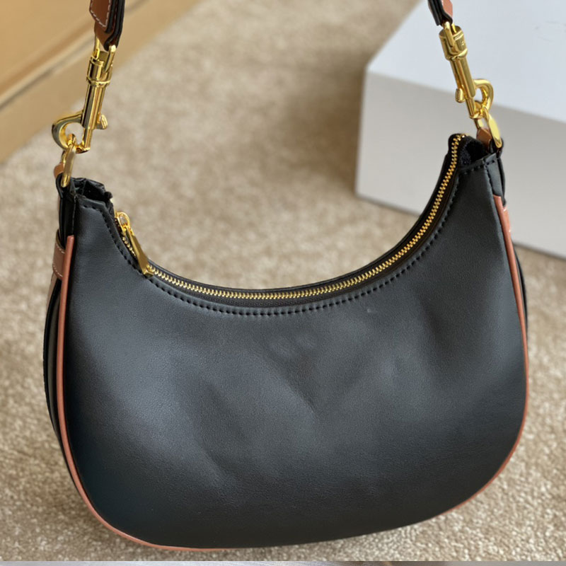 

Women Fashion Classic Shoulder Underarm Bag Genuine Leather Dark Brown Crescent Shape Zipper Closure High Quality