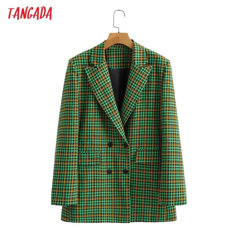 

Tangada Women Vintage Green Plaid Blazer Female Long Sleeve Elegant Jacket Ladies Work Wear Formal Suits 8Y41 211019