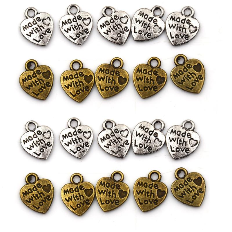 

Charms 50pcs Hand MADE WITH LOVE Heart Pendants Necklace Alloy Metal Beads For DIY Jewelry Bracelet Making, Bronze;silver