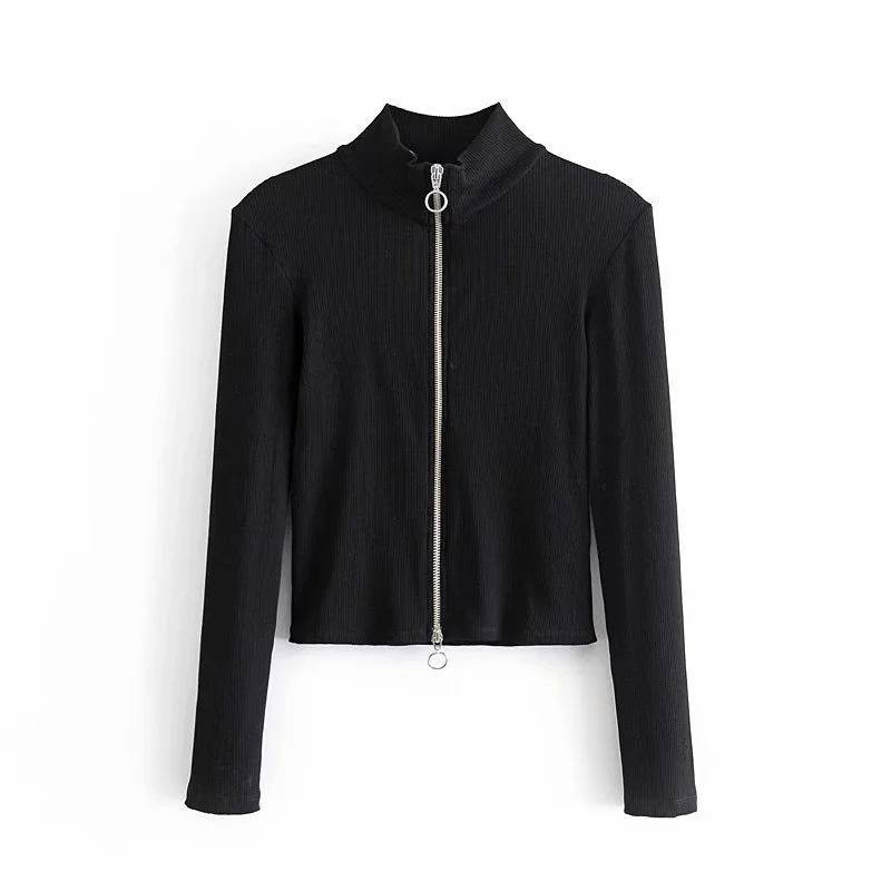 

Women Black Skinny Zipper Knitting Jacket Female Simple Highlights The Figure Long Sleeve Sportswear Chic Top 210520