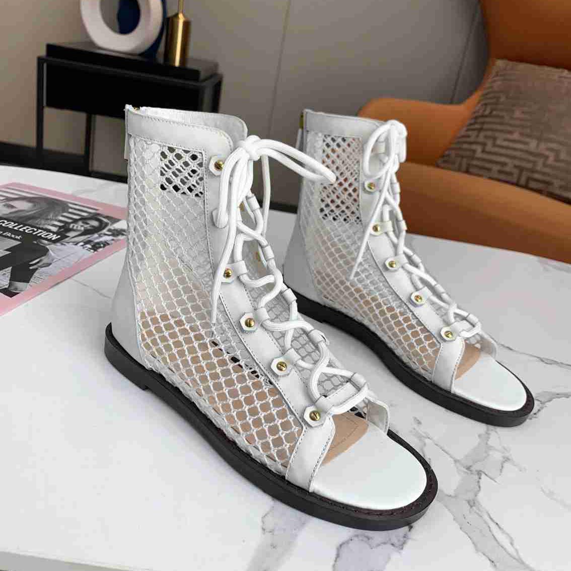 

2021 top designer women hallow fishnet sandals slides slippers fashion ladies long tube sandal sexy woman lace up flat slide slipper with box