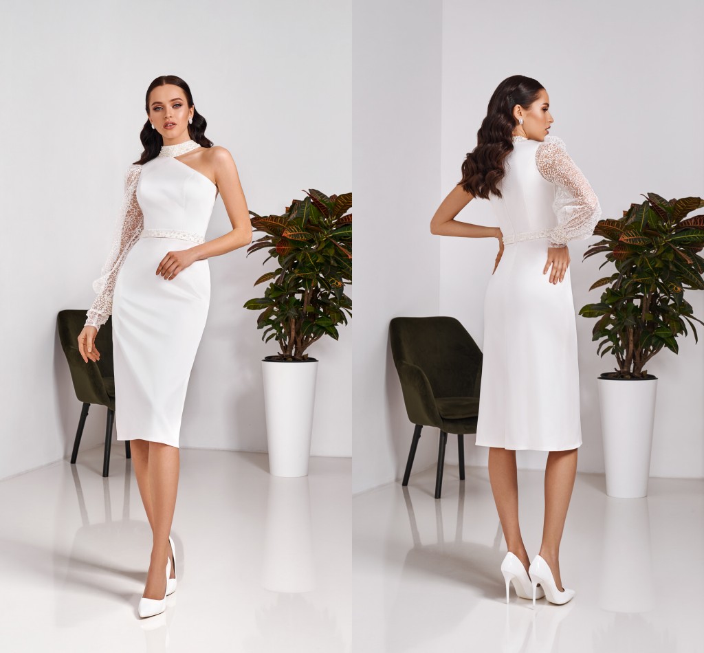 

Elegant Sheath Short Bridal Dress 2021 Summer Beach One Shoulder Lace Modern Boho Garden Knee Length Slim Fit Brides Reception Wedding Party Gown Simple Satin AL9494, Champagne