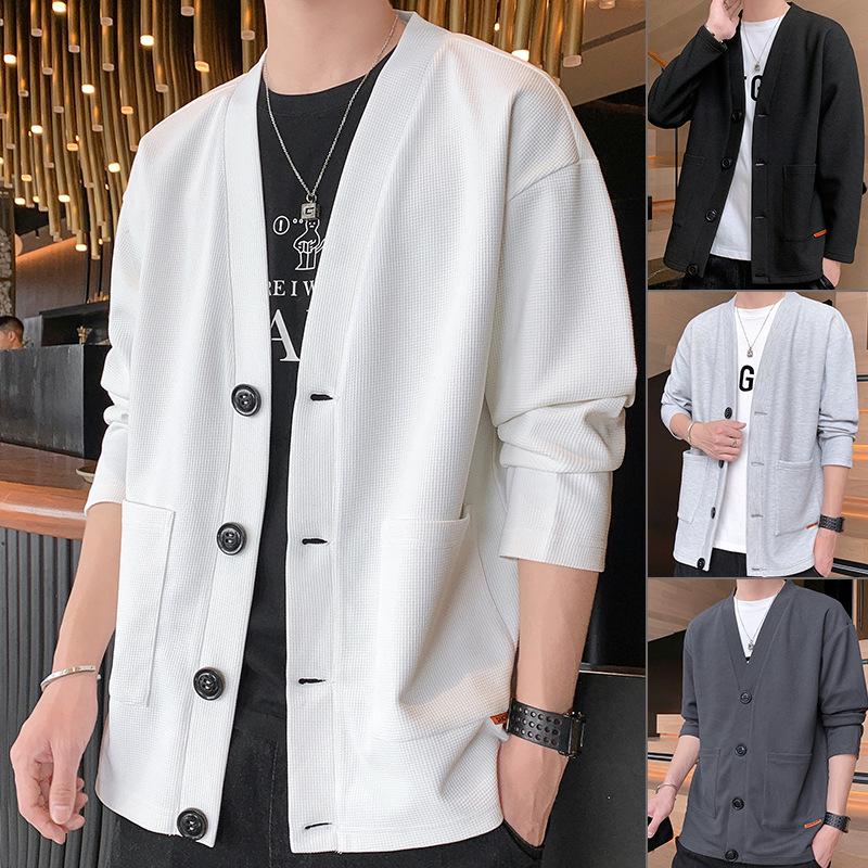 

Men's Jackets Solid Color Patch Pocket Cardigan Jacket Waffle College V-neck Men, Black;brown