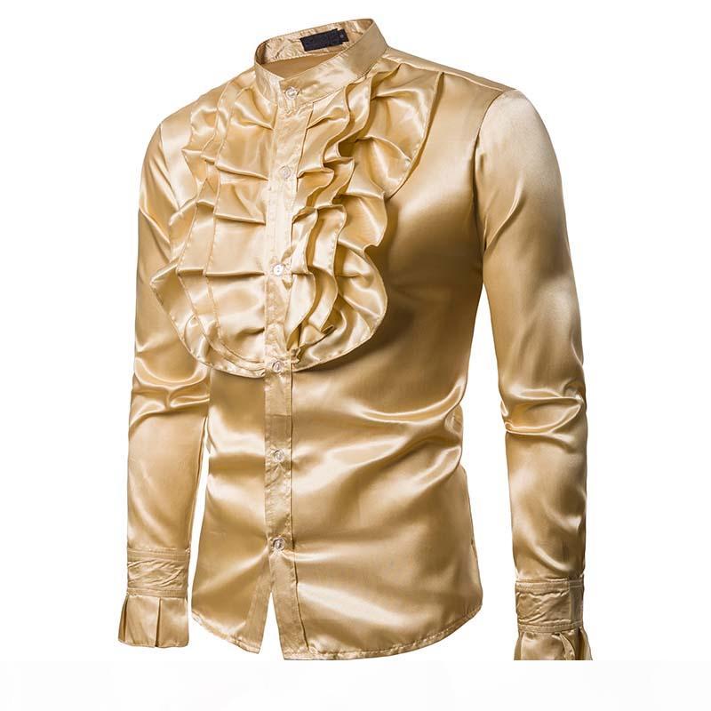 

Men Ruffle Ruche Frill Dinner Tuxedo Retro 70s Shirts Men Faux Silk Satin Ruffle Shirt Tops Victorian Long Sleeve Fancy Costume, Yellow