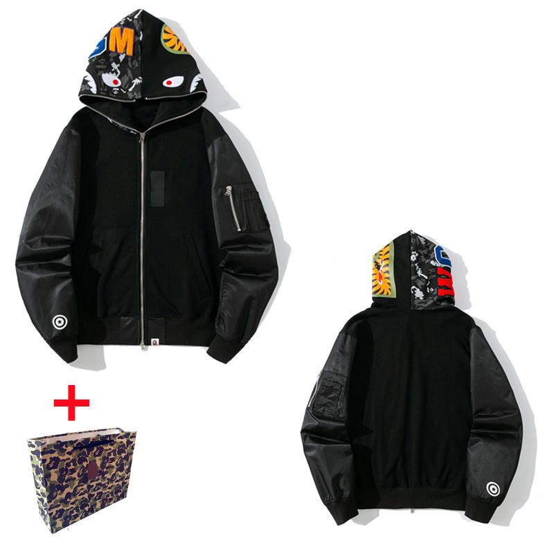 

Men's Hoodies sweater high quality shark graffii print ladies couple hip hop stitching starry sky luminous dot hooded camouflage WY10200203, Black