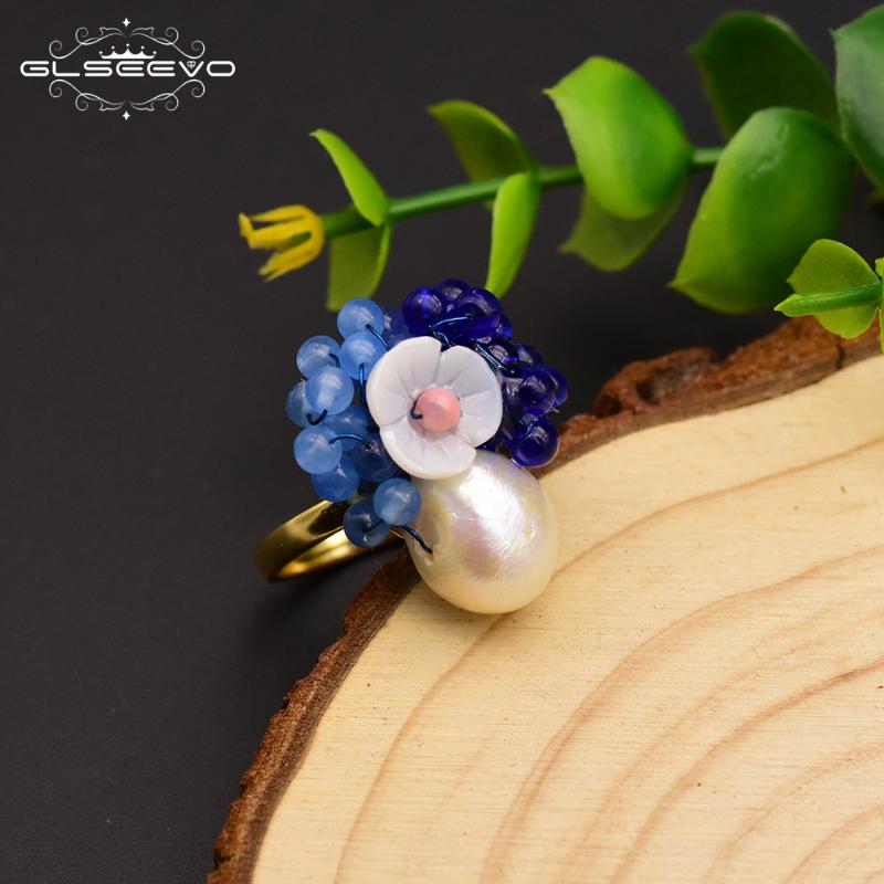 

Cluster Rings GLSEEVO 925 Sterling Silver Natural Pearl Blue Stone Shell Flower Ring For Women Wedding Handmade Fine Jewellery GR0230, Golden;silver