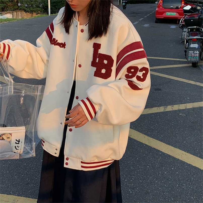 

Oversized Jacket Women Sweatshirt Korean Fashion Clothes Baseball Bomber Varsity Jacket Plus Velvet Autumn Winter Jackets 211109, White