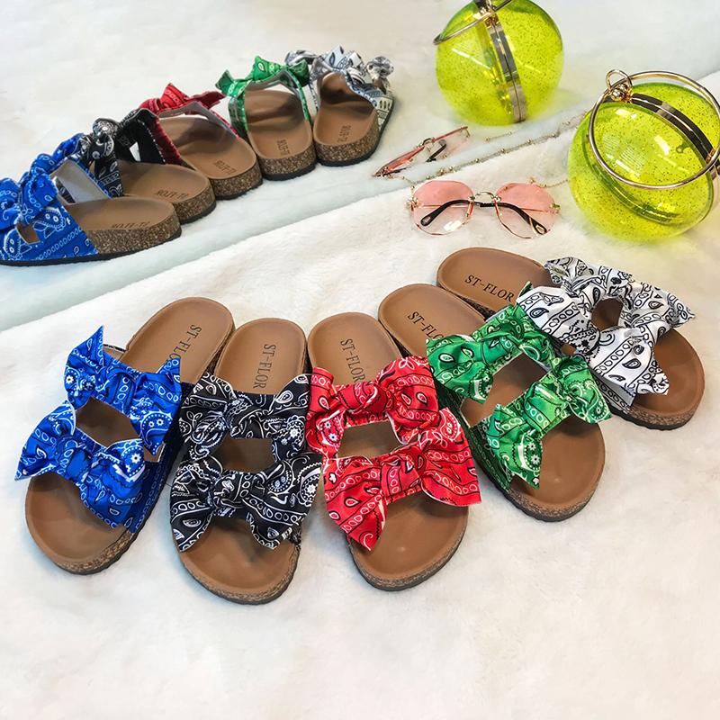 

2021 Women Slipper Summer Sandal Graffiti Style Open Toe Bow-knot Flat Casual Slides Outdoor Beach Female Flip Flop, Black