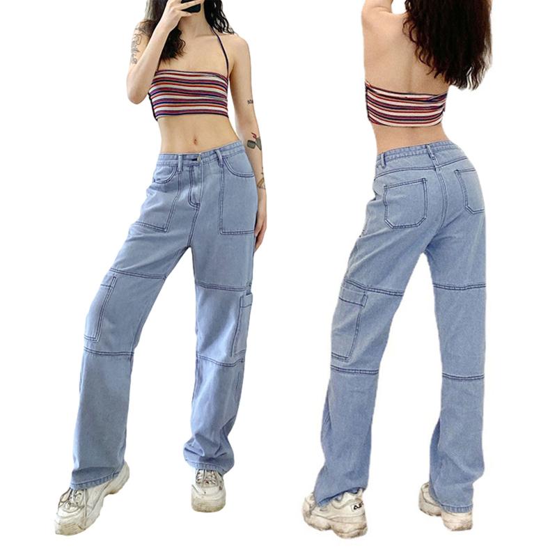 

women's jeans 2021 est women boyfriend straight leg jeans, casual high waist solid color stitch loose denim pants, Blue
