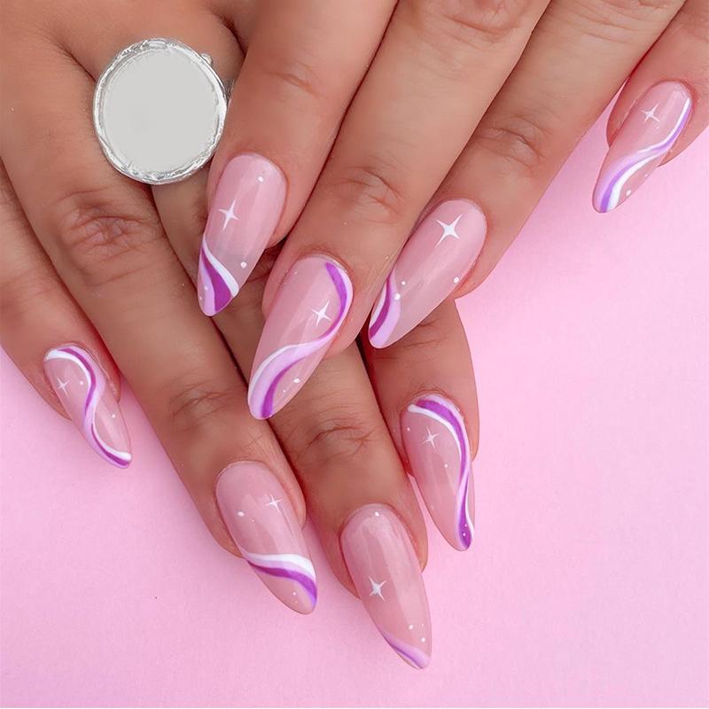 

False Nails 24Pcs/Box Detachable Almond Pink And White Wavy Style Stiletto Fake Ballerina Coffin Full Cover Manicure Tool