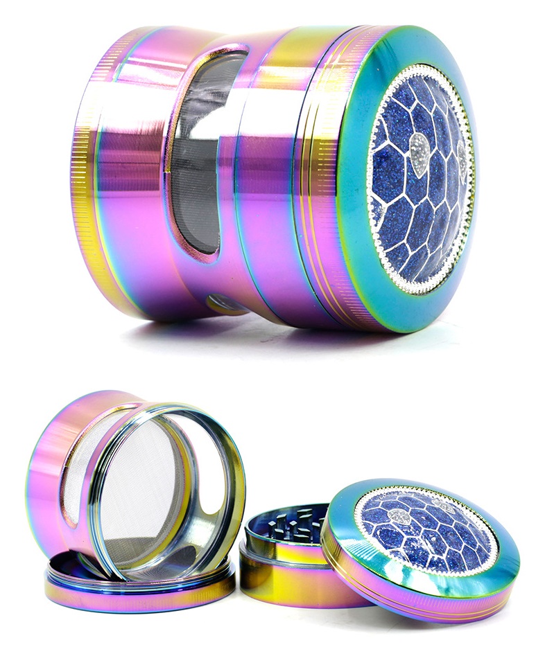 

Smoking Grinders Accessories 63mm Transparent Window ICEBLUE RAINBOW COLOR Zinc Alloy Diamante Turtle shell Herb Grinder Tobacco Crusher