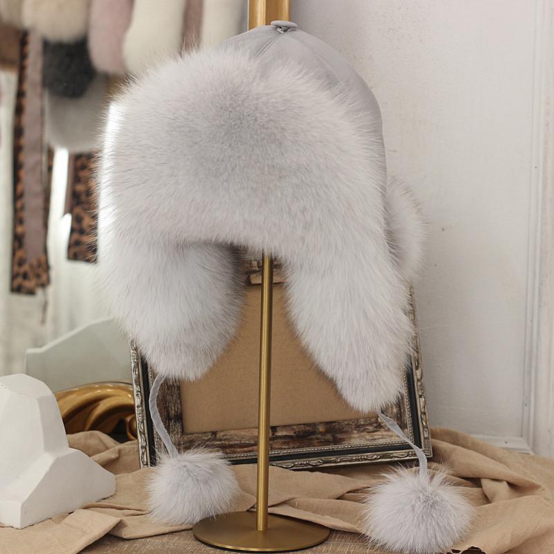 

Berets Fur Women's Hat Bombers Ear Cap Real Silver Ushanka Trapper Russian Ski Hats Caps Winter Raccoon Fur2021